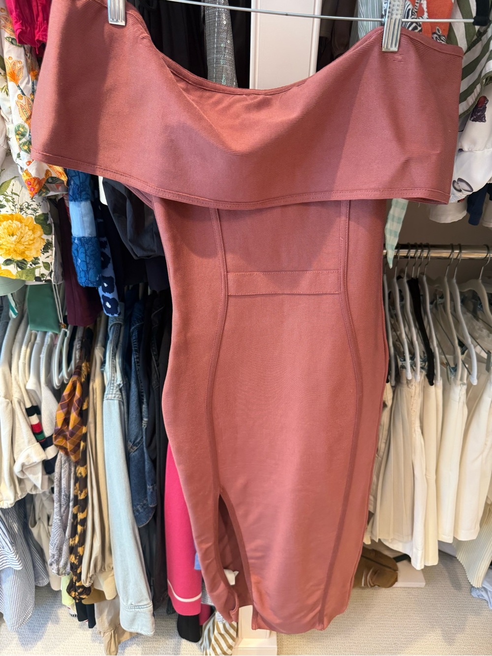 Off-Shoulder Mauve Bodycon Midi Dress